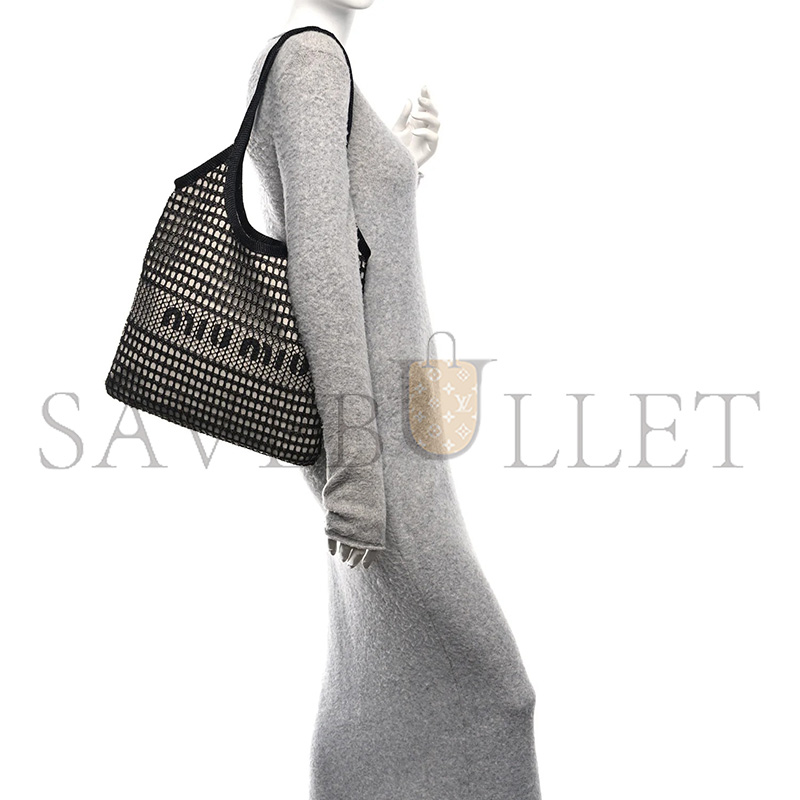 MIU MIU BLACK LOGO LEATHER-TRIMMED CROCHET TOTE BAG 5BG231 (40*35cm)